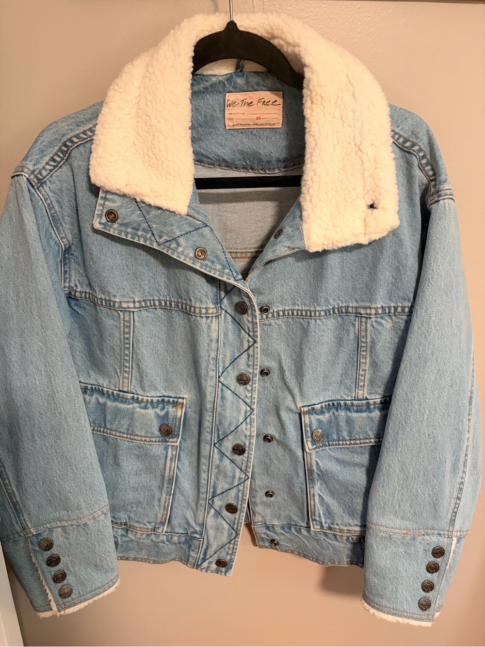 We The Free Light Blue Denim Jacket with Cream Sherpa Collar